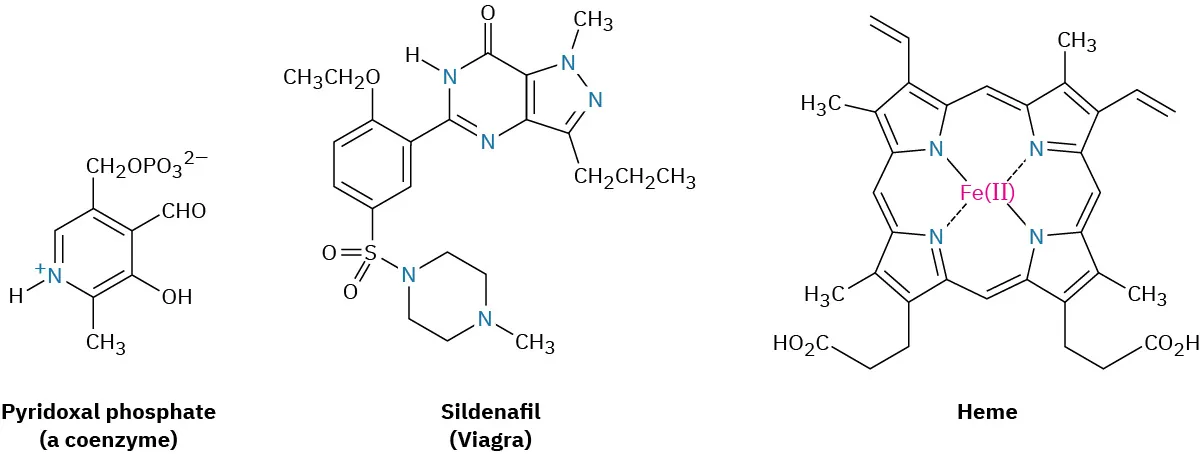 The structures of pyridoxal phosphate which is a coenzyme, sildenafil (Viagra), and heme. Heme has iron(2) connected to porphyrin.