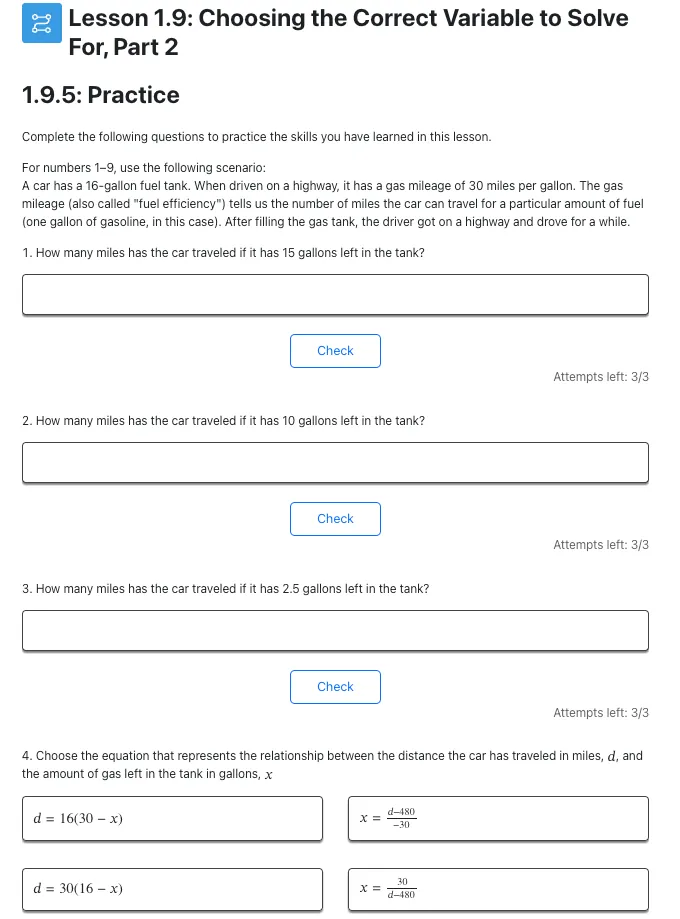 A screenshot from the curriculum illustrating the development of rigor across the unit through practice questions that ask students to evaluate expressions and solve equations they have written when given a scenario given as a verbal description.