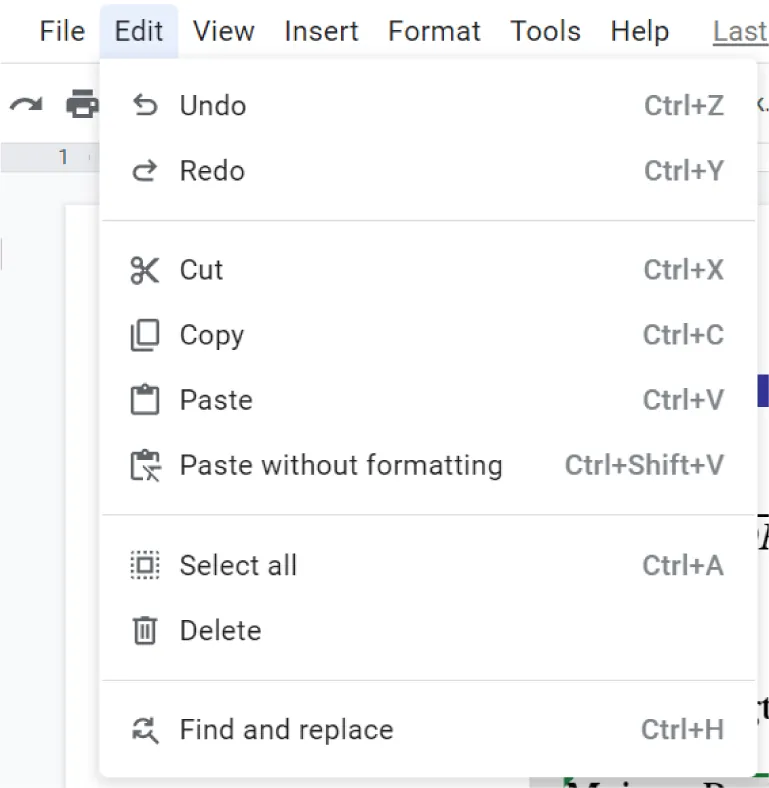 Edit is selected on the Ribbon and opens to these options for selection: Undo, Redo, Cut, Copy, Paste, Paste without formatting, Select all, Delete, and Find and replace.