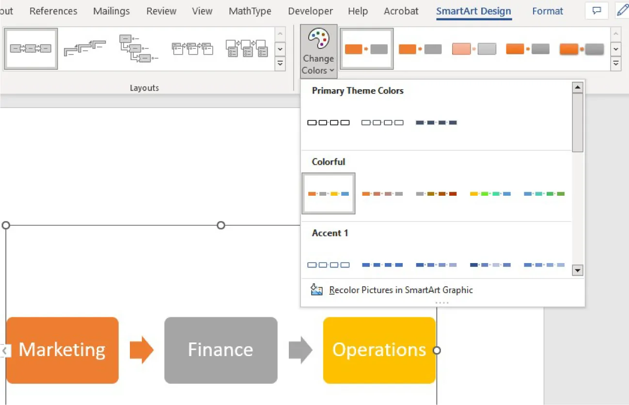 Colors is selected and opens to options for Primary Theme Colors, Colorful, Accent 1, Recolor Pictures in SmartArt Graphic. In the document, a colorful process chart is displayed, connected by arrows.