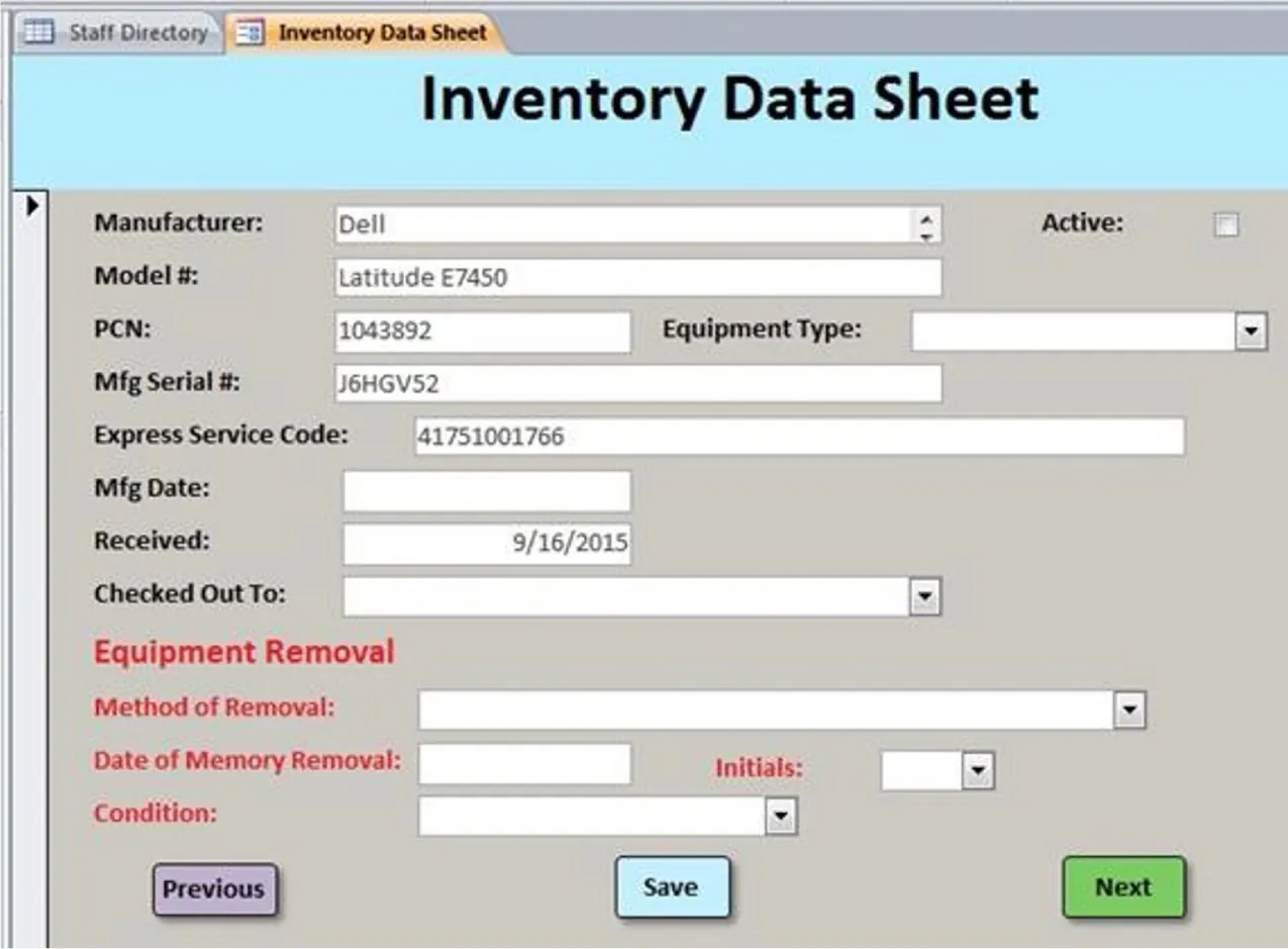 Inventory Data Sheet tab selected in Form View. Clean versions of prompts and blank answer spaces are visible with Previous, Save, and Next buttons at bottom.