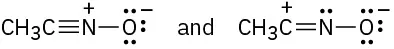 Lewis structures of acetonitrile oxide: (1) C and N triple bonded, with a positive charge on N, and (2) C and N double bonded, with a positive charge on C.