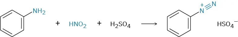 Aniline reacts with nitrous acid and sulfuric acid to form an arene diazonium salt and H S O 4 minus.