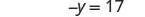 The image shows a mathematical equation in black text on a white background, which states '-y = 17'.