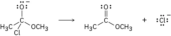 A carbon bonded to an oxygen ion, methyl, chlorine, and methoxy group forms a carbonyl group bonded to methyl and methoxy group. The side product is chloride ion.