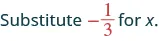 The image displays the instruction 'Substitute -1/3 for x.' in a dark teal font, with the fraction '-1/3' highlighted in red, against a white background.