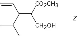 A double bond with vinyl (up) and isopropyl (down) on the left and C O O C H 3 (up) and hydroxymethyl (down) on the right. Text reads Z.