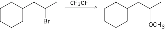 A three-carbon chain with cyclohexane on C 1 and bromine on C 2 reacts with methanol to produce a three-carbon chain with cyclohexane on C 1and methoxy on C 2.
