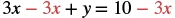 A mathematical equation showing the subtraction of 3x from both sides: 3x - 3x + y = 10 - 3x. This is a step to isolate the variable y.