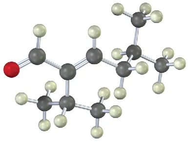 A ball-and-stick model of a six-carbon chain with aldehyde on C 1, C 2 has C H linked to two methyl, C 4 has C H linked to methyl group.