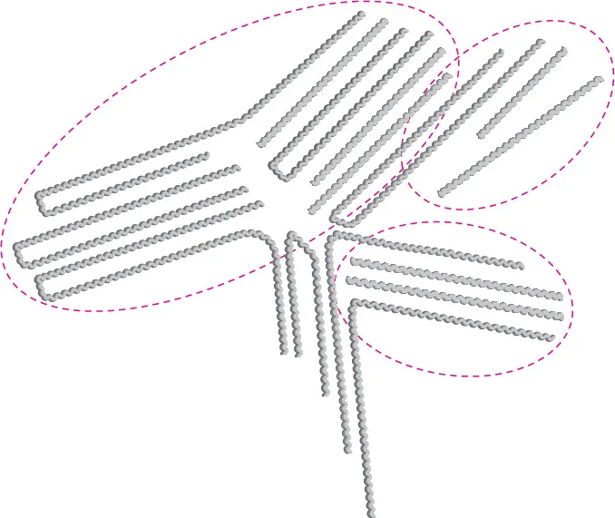 A representation of crystallites in linear polyethylene. The polymer changes are arranged as parallel lines in crystallites. Dotted ellipses are present surrounding the lines.