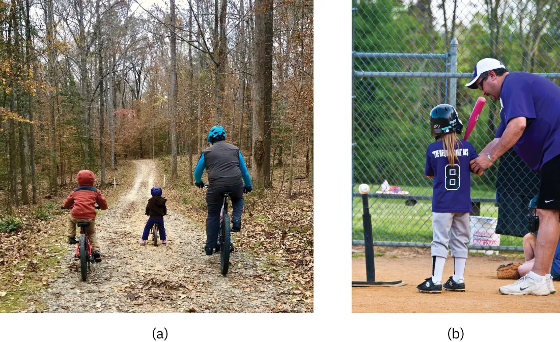 Image a: an adult and two children ride bikes in the woods. Image b: adult helps child hit a ball off a tee with a bat.