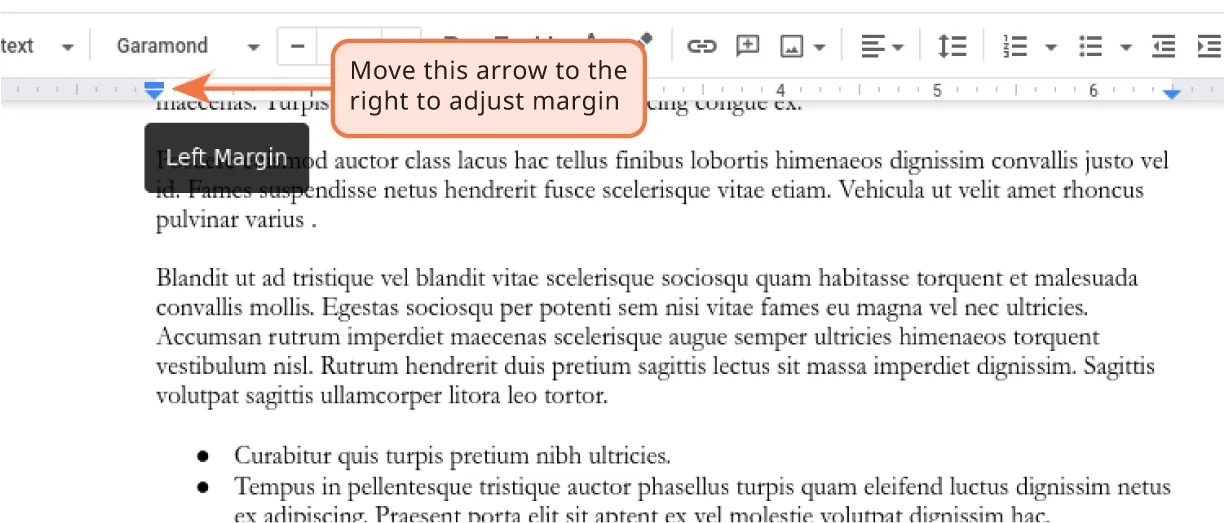 A ruler displays a blue arrow facing down, labeled Move this arrow to the right to adjust margin. and labeled Margins. The blue arrow aligns with the left margin of the document.