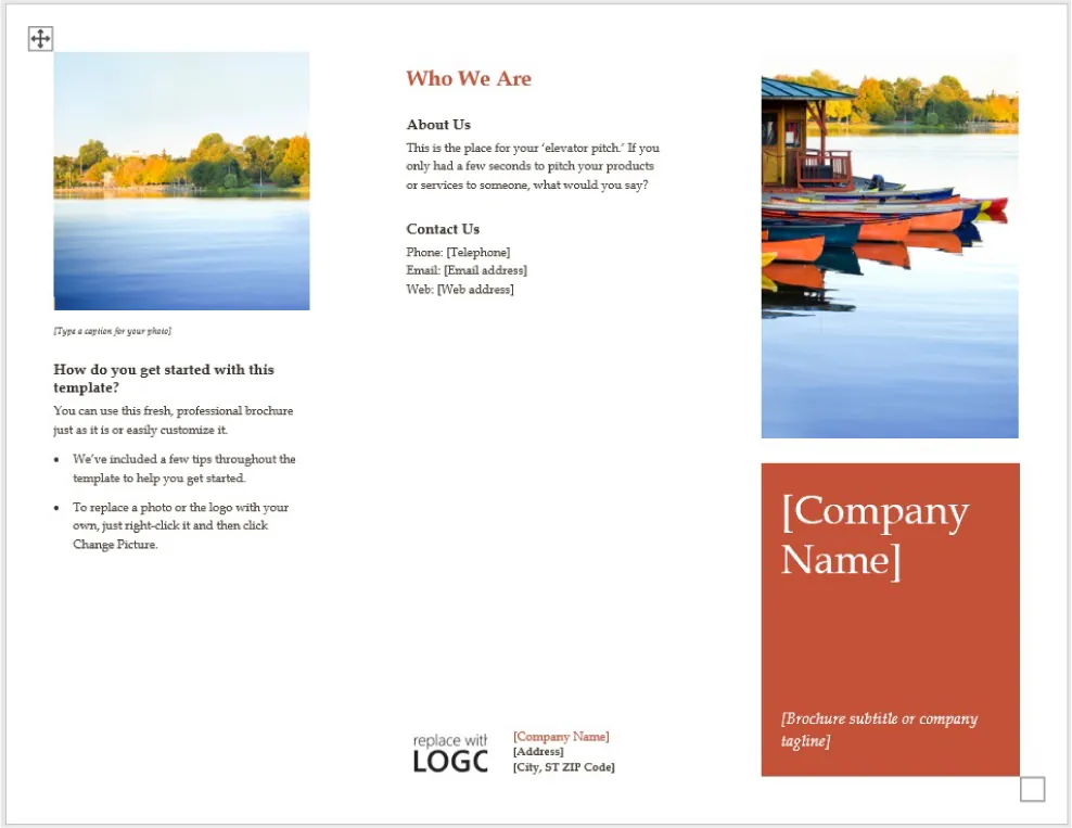 An image of a brochure in three columns is visible. Images and text fill the pages in a variety of fonts, styles, and colors.
