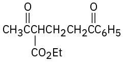 A diketone (six-carbon chain) with benzene ring attached to sixth and C O O E t is attached to the third carbon. The second and fifth carbon atoms are carbonyls.