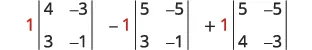 A mathematical expression showing the cofactor expansion of a 3x3 determinant, represented as a sum and difference of three 2x2 determinants with coefficients 1, -1, and 1.