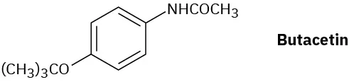 The structure of butacetin comprises of a para-substituted benzene ring with a carbonyl group attached to a tertiary butyl group as one substituent, and, as the other, an N H group attached to a carbonyl itself attached to a methyl group.