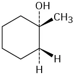 The structure has a cyclohexane ring. C1 is wedge bonded to a methyl group and dash bonded to a hydroxyl group.