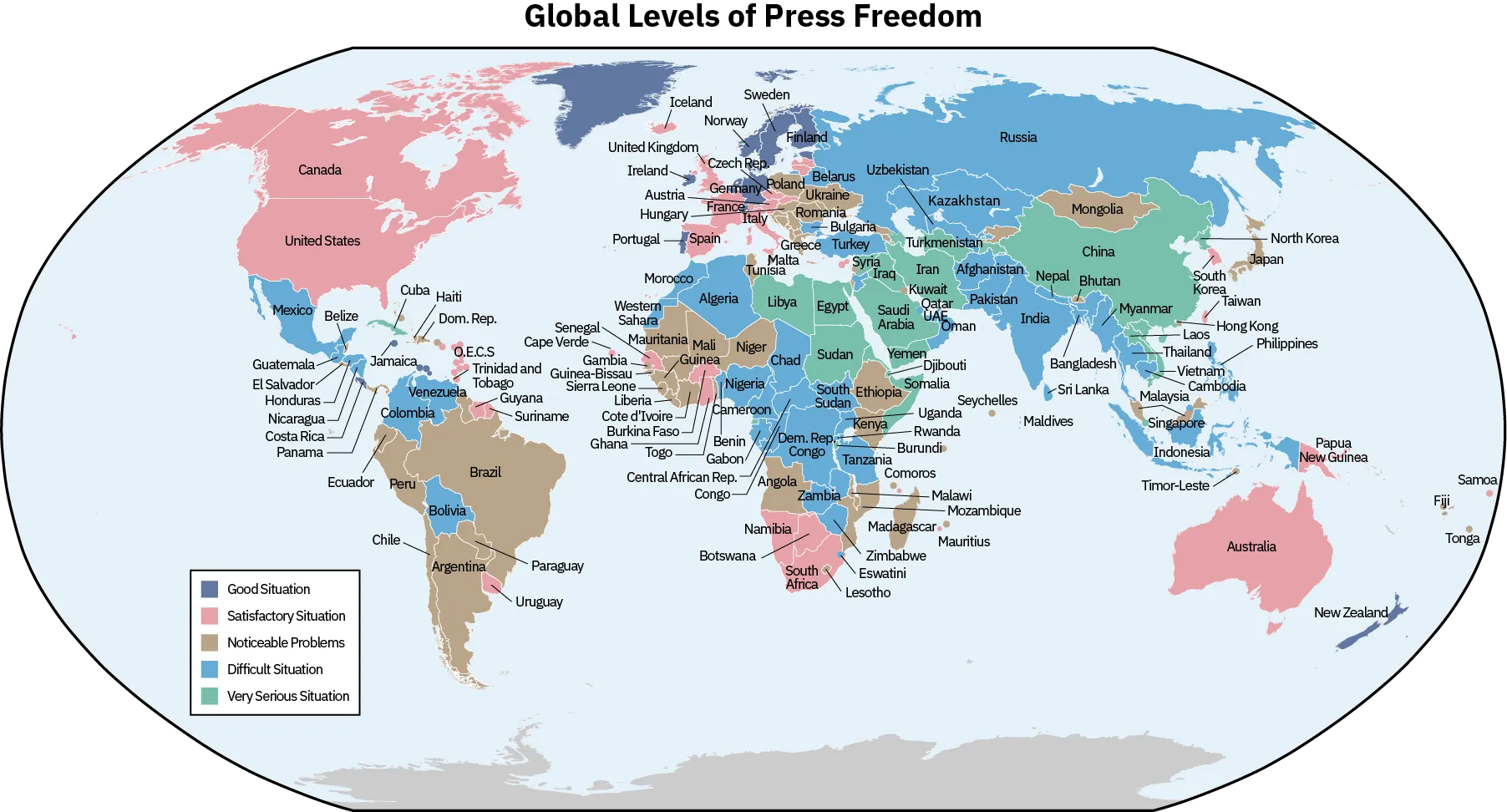 A global map shows which areas of the world support a free press. The press is most free in New Zealand and in areas of Northern Europe and least free in Eastern Europe, Central Asia, Northern and Central Africa, and Central America.