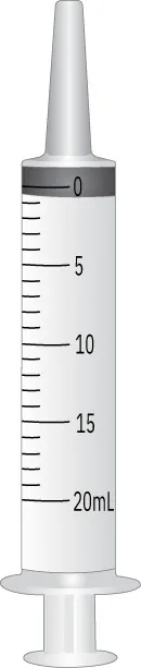Image of empty syringe marked from 0 to 20 milliliters in intervals of 5 milliliters.