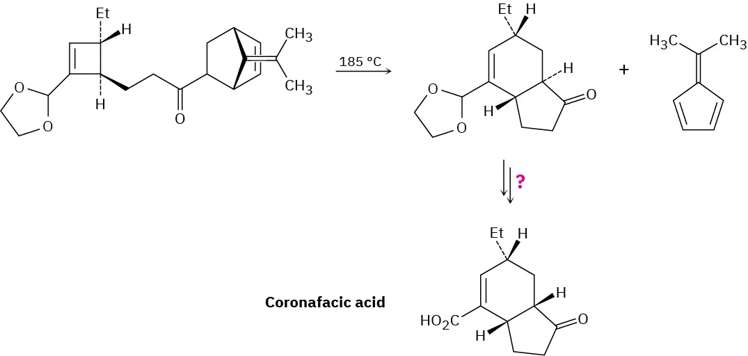 The reactant reacts with heat in the presence of 185 degree Celsius to give an intermediate. This reacts with an unknown reagent represented as question mark to form coronafacic acid.