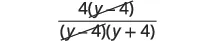 A mathematical expression showing the cancellation of the term (y-4) in both the numerator 4(y-4) and the denominator (y-4)(y+4) of a fraction during simplification.