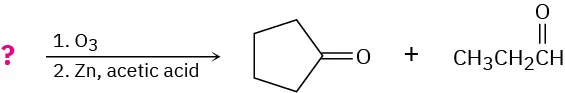 An unknown reactant, depicted by a question mark, reacts with ozone in first step and zinc in acetic acid in second step to form cyclopentanone and propanal.