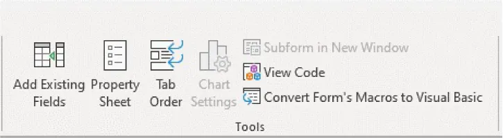 Screenshot of Tools command group displays these options for selection: Add Existing Fields, Property Sheet, Tab Order, Chart Settings, Subform in New Window, View Code, and Convert Form’s Macros to Visual Basic.