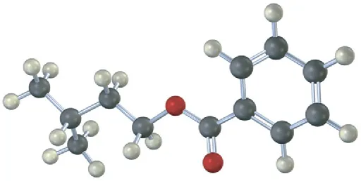 The ball-and-stick model shows a carbonyl group with a benzene ring attached to one side and a four carbon chain bearing a methyl group on C3 on the other side.