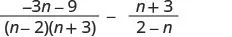 A mathematical expression featuring the subtraction of two rational expressions: (-3n - 9)/((n-2)(n+3)) - (n+3)/(2-n).
