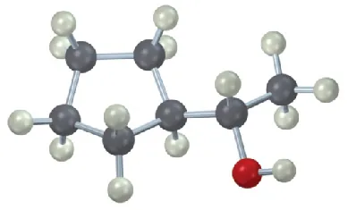 A ball-and-stick model of cyclopentane linked to a carbon atom that has H, methyl, and O H substituents.