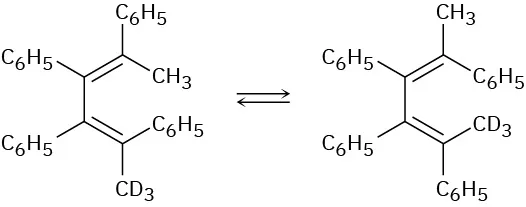 Cyclohexene undergoes thermal isomerization to form a product. A phenyl replaces C D 3 at C 4 and vice versa at C 3. One phenyl replaces methyl at C 2.