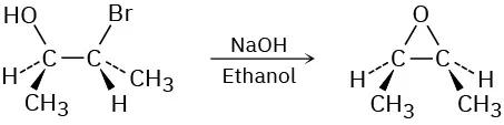 An illustration shows the reaction of a bromohydrin in the presence of NaOH and ethanol to yield epoxide. Bromohydrin shows two carbon atoms single bonded. C1 is single bonded to a hydroxyl group  dash bonded to a hydrogen  and wedge bonded to methyl group. C2 is single bonded to a bromine atom  wedge bonded to a hydrogen  and dash bonded to methyl group. Epoxide shows a 3-membered ring with an oxygen and 2 carbon atoms. Each carbon is dash bonded to a hydrogen and wedge bonded to methyl group.