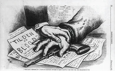 A cartoon shows a man’s hand covering a gun on a table; another man’s hand covers his. Beneath the gun, papers are visible with the words “Tilden or Blood,” “Are You Ready for Civil War?” and “Tilden or a Fight.” Beneath the cartoon, a caption reads “A truce—not a compromise, but a chance for high-toned gentlemen to retire gracefully from their very civil declarations of war.”