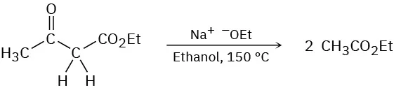 The reaction of ethyl acetoacetate with sodium ethoxide and ethanol at one hundred fifty degrees Celsius, resulted in the production of two molecules of ethyl acetate.