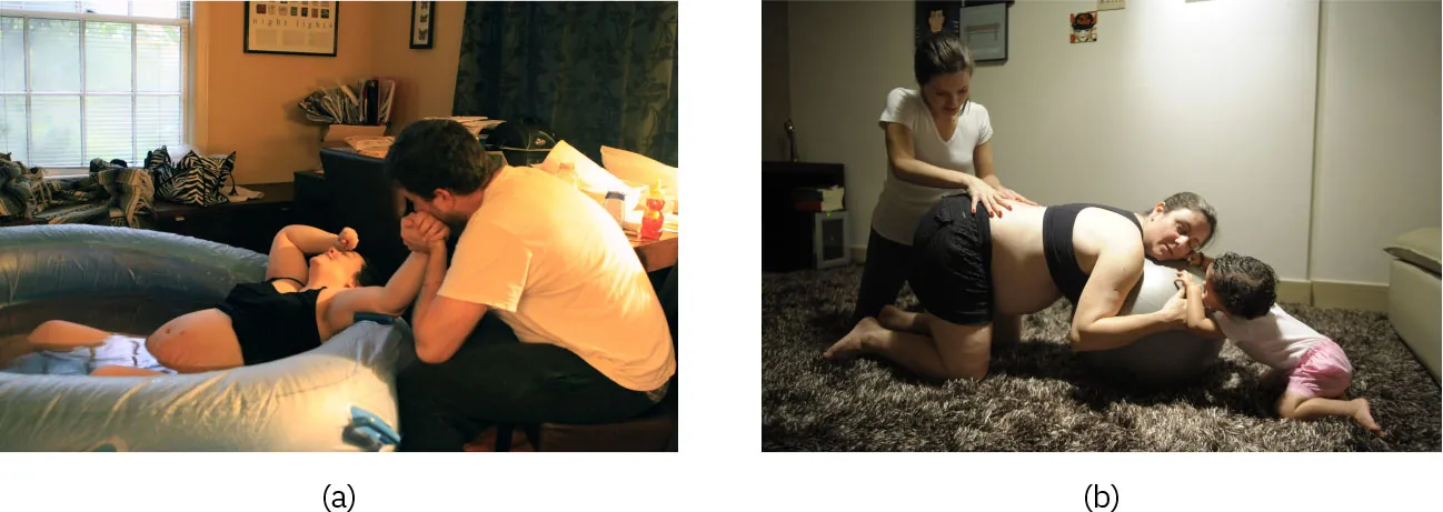 Photos of (a) individual laboring in a blow up pool of water, holding another individual’s hand and (b) laboring on a ball with another individual massaging their back and child looking on.