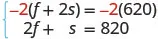 A system of two linear equations is displayed. The first equation is -2(f + 2s) = -2(620), and the second equation is 2f + s = 820. The system is enclosed by a blue brace on the left.