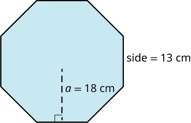 An octagon. Each side measures 13 centimeters. The apothem is marked a equals 18 centimeters.