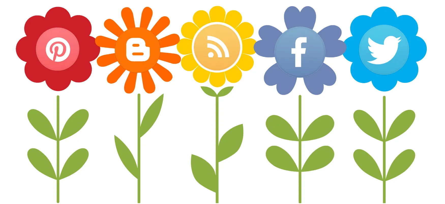 Drawings of five flowers in a row are shown with different social media logos the pistil of the flower. Starting at the left, the social media company logos are Pinterest, Blogger, R S S Feed, Facebook, and Twitter.