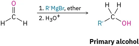 Formaldehyde reacts with R M g B r, ether, then hydronium ion to form primary alcohol.