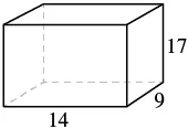 A cuboid shown in 3D perspective with dimensions: length 14, width 9, and height 17. Hidden edges are indicated by dashed lines.