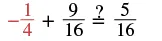 A mathematical equation shows -1/4 + 9/16 =? 5/16, representing the sum of two fractions with a question mark indicating a verification or unknown result.