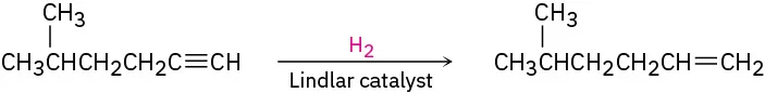 A C6 chain with a terminal triple bond reacting with hydrogen and Lindlar catalyst to form a C6  alkene.