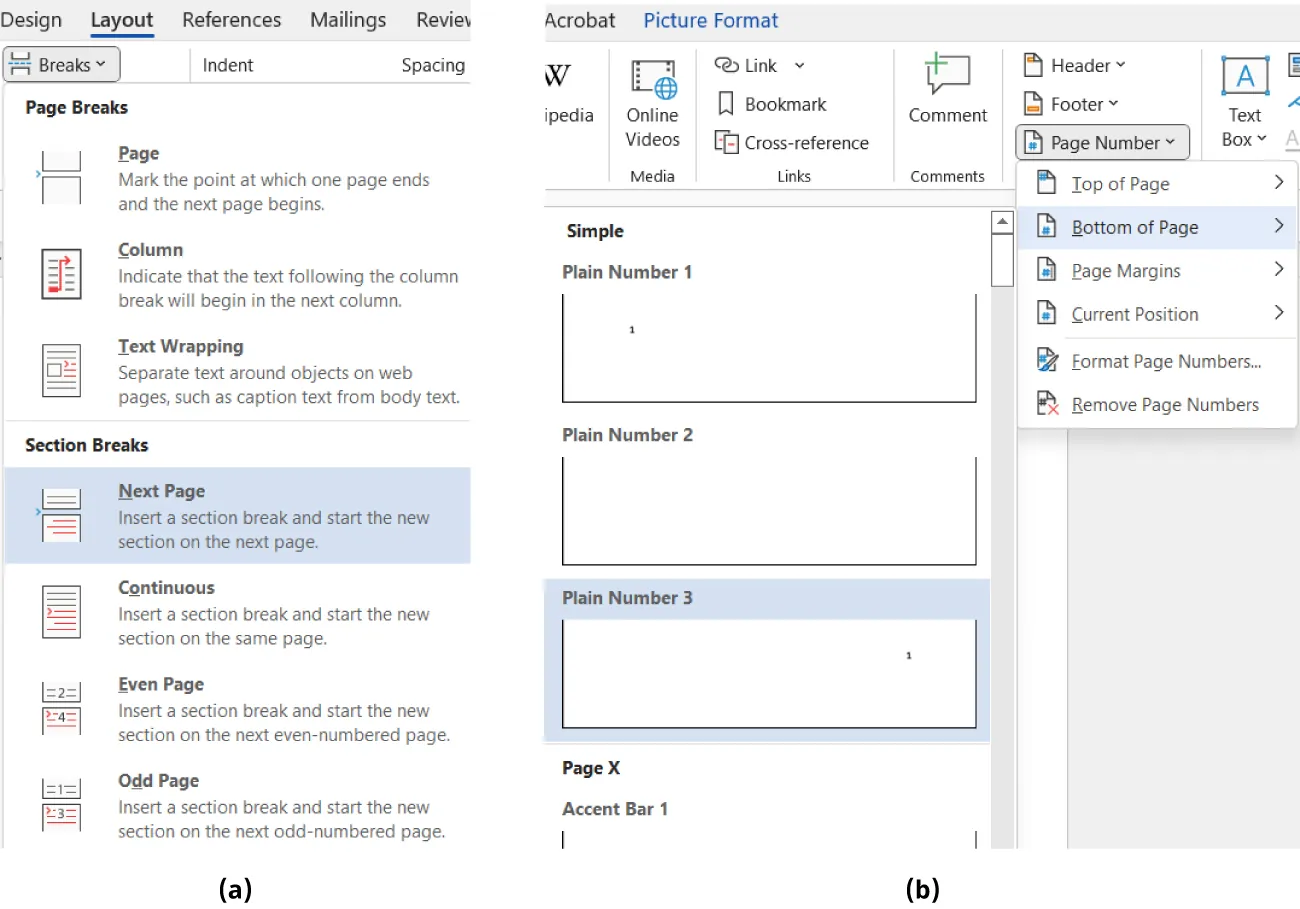 (a) Breaks option: Page Breaks and Section Breaks (Next Page selected). (b) Page Number options: Top of Page, Bottom of Page (selected), Page Margins, Current Position, Format Page Numbers, Remove Page Numbers.