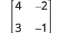 A 2x2 matrix is shown, containing the numbers 4, -2, 3, and -1. The first row elements are 4 and -2, while the second row elements are 3 and -1.