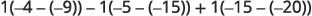 A mathematical expression involving integers and operations is shown, featuring the sum and differences of parenthesized terms: 1(-4-(-9)) - 1(-5-(-15)) + 1(-15-(-20)).