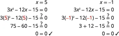 Checking the solutions x=5 and x=-1 for the quadratic equation 3x² - 12x - 15 = 0. Both substitutions correctly result in 0=0, confirming they are valid roots.
