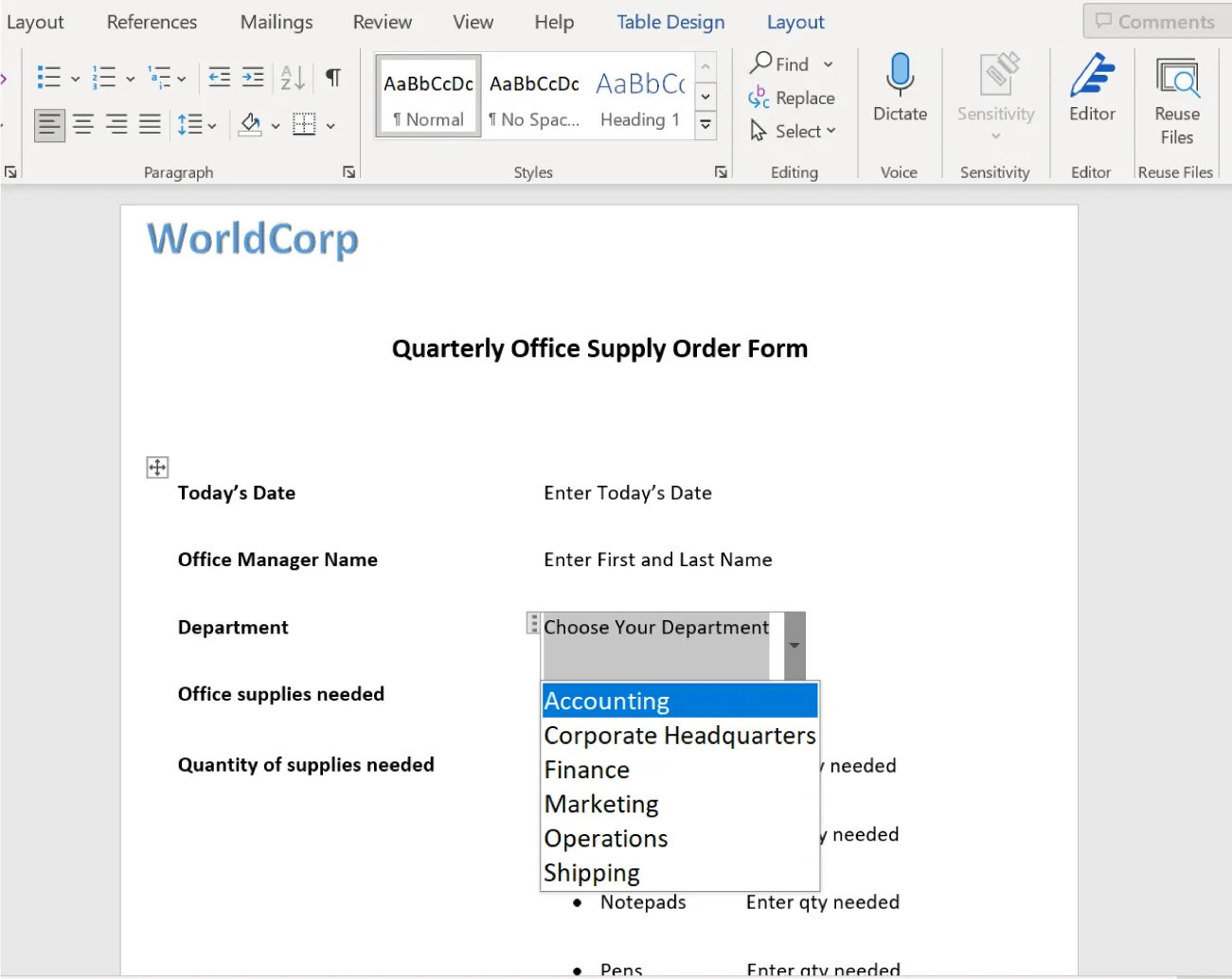 In a Quarterly Office Supply Order Form, for the Department prompt, a drop-down appears for Choose Your Department (Corporate Headquarters, Finance, Marketing, Operations, and Shipping).