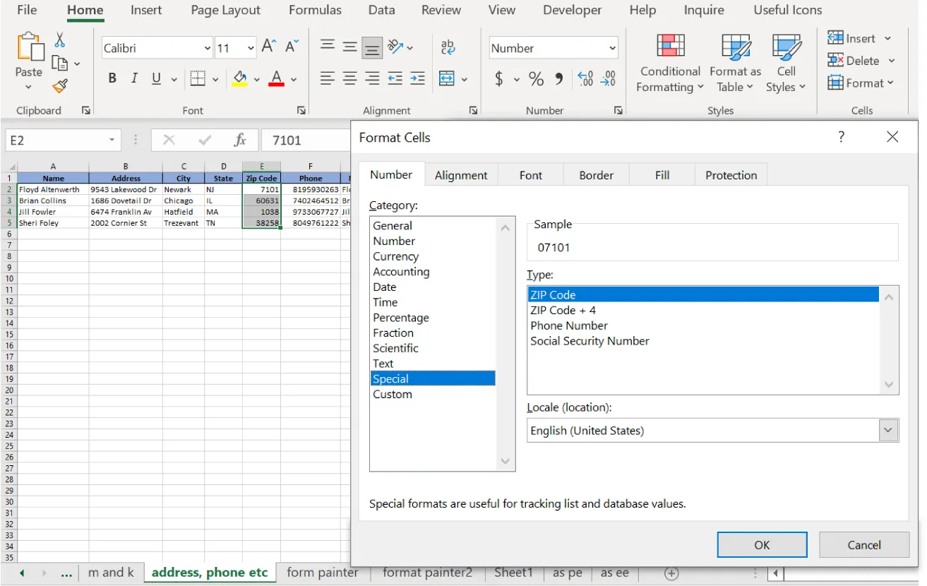 Zip Code column is selected in spreadsheet. Number tab in Format Cells panes is selected. Special is selected in Category, Sample is 07101, ZIP Code is selected in Type, and Locale is English.