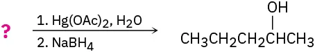 A reaction shows an unknown reactant reacting with mercury (II) acetate in water and sodium borohydride to form 5-carbon chain, in which C2 is bonded to a hydroxyl group.
